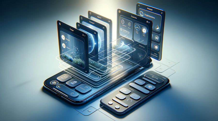 nterfaz de usuario de aplicación Flutter mostrando pantalla principal y pantalla de detalles de producto en navegación fluida